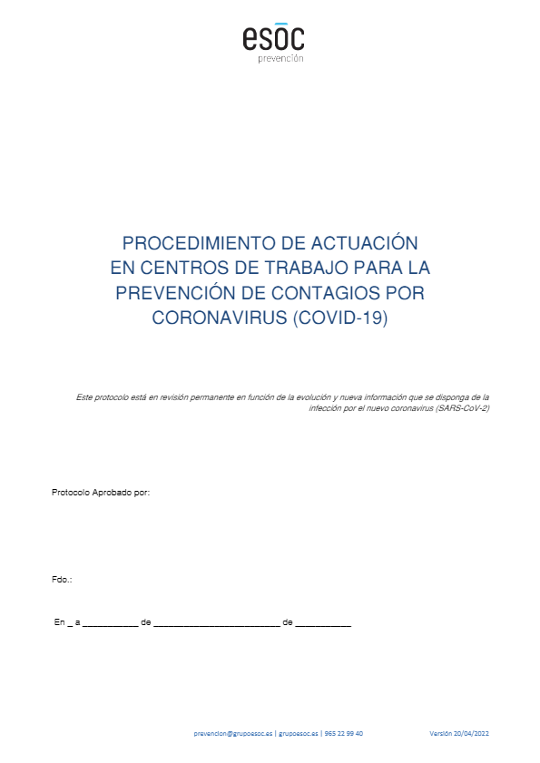 Procedimiento de actuación en los centros de trabajo para la prevención de contagios por coronavirus 20-04-2022