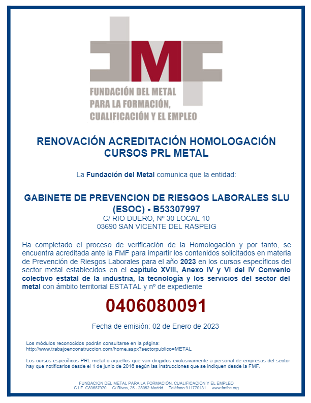 Certificado Metal Esoc Prevención