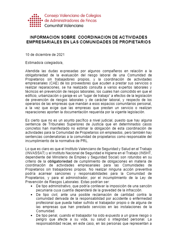 COMUNICADO CONSEJO VALENCIANO DE COLEGIOS DE ADMINISTRADORES DE FINCAS ESOC PREVENCIÓN