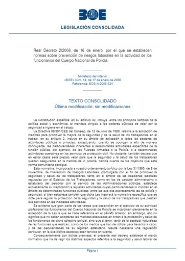 Real Decreto 2/2006, de 16 de enero, por el que se establecen normas sobre prevención de riesgos laborales en la actividad de los funcionarios del Cuerpo Nacional de Policía